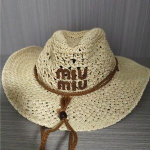 Miu Miu Beige Straw Hat Classic Summer Beach Look